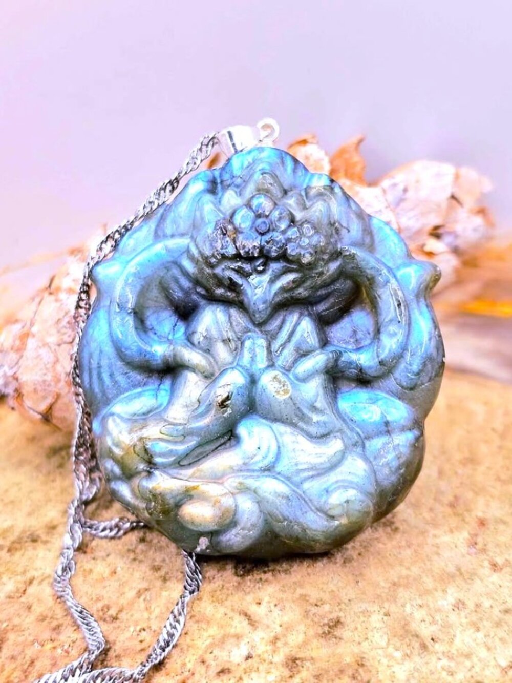 Labradorite Nine‑Tailed Fox Pendant • Strong Flash • 1.7" Stone Fox Meditating